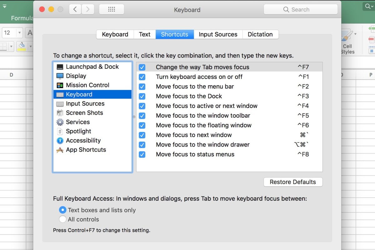 i cant see my shortcuts in excel for mac
